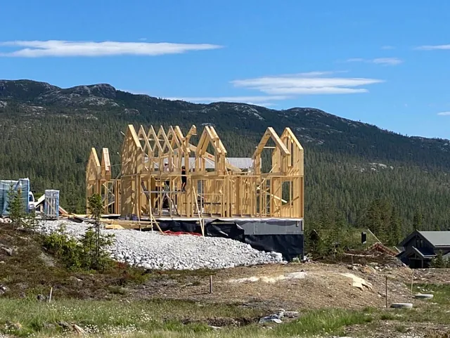 Trebygning under oppføring i åpent landskap.